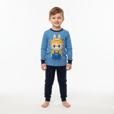 Camisola e calças de pijama azul com estampa de personagem cartoon