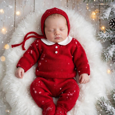 Bebé vestido de vermelho a dormir em almofada felpuda branca com decoração de Natal