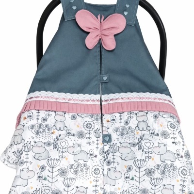Vestido infantil azul escuro com borboleta rosa e saia estampada de hipopótamos