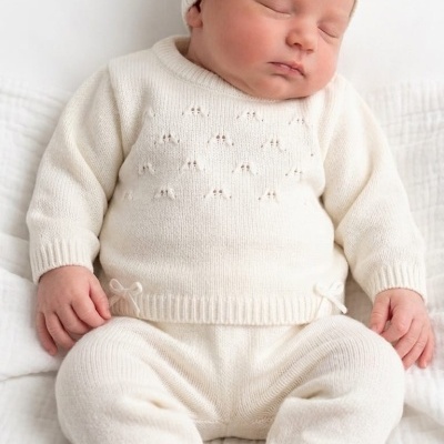 Bebé a dormir com roupa de malha creme e gorro