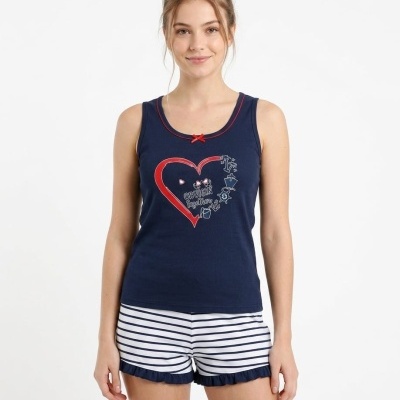 Conjunto de pijama feminino com regata azul escura e calções às riscas azuis e brancos