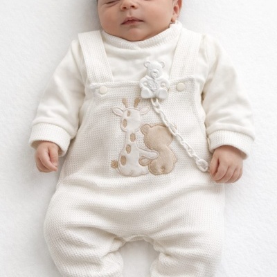Bebé a dormir com macacão branco de malha com desenhos de girafa e urso