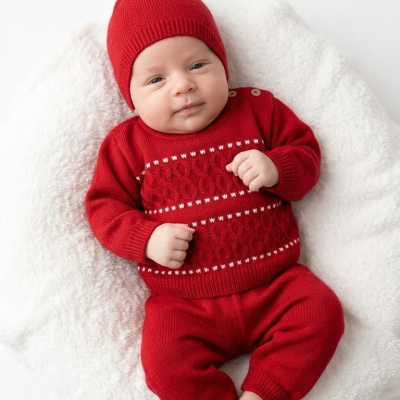 Bebé com roupa de malha vermelha e gorro com pompom branco sentado numa manta branca.
