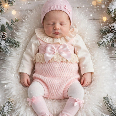 Bebé vestida com conjunto rosa de lã e elementos de inverno a dormir sobre fundo peludo branco e pinheiro com neve.