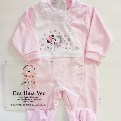 Macacão de bebé rosa e branco com folhos e estampagem Minnie Mouse