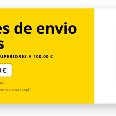 Voucher amarelo e branco com texto de portes grátis e logótipo colorido com penas e flores