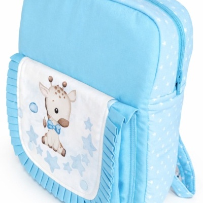 Mochila azul com bolso frontal branco e desenho de girafa