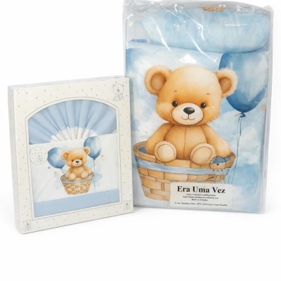 Conjunto têxtil bebé azul com ursinho e balões em caixa e embalagem
