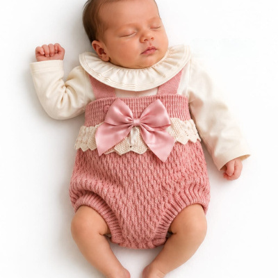 Bebé vestido com body branco e saboneteira rosa com laço