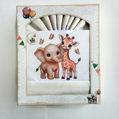 Conjunto de lençóis infantis com elefante e girafa em caixa decorada