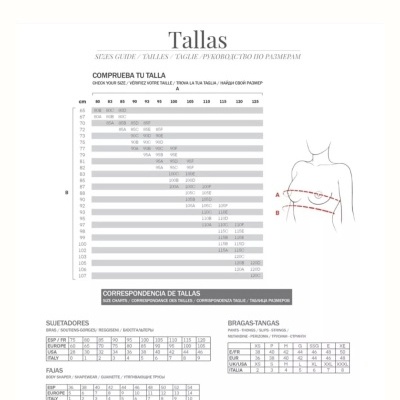 Tabela de tamanhos para soutien e calcinhas com guia de medidas e desenho esquemático para medição