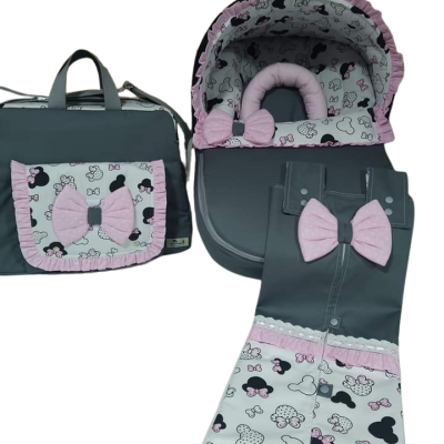 Bolsa, capota e saco de transporte para bebé com padrão de cabeças de rato e detalhes cor-de-rosa