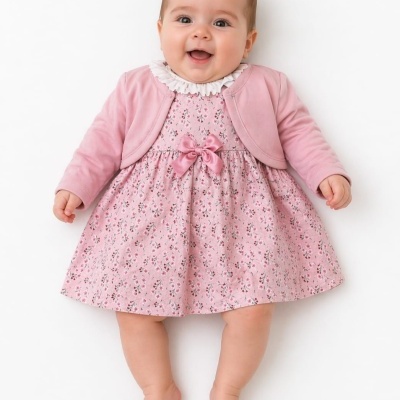 Bebé menina vestida com vestido rosa de flores pequenas e casaco rosa.