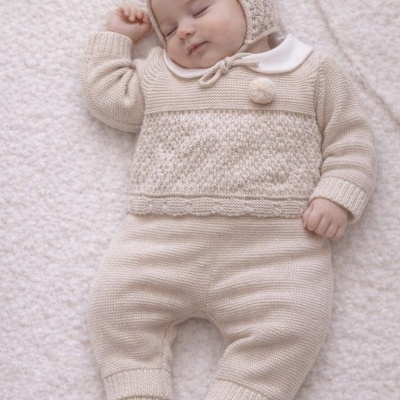 Bebé adormecido com fato beige de malha e gorro a condizer, em superfície macia bege