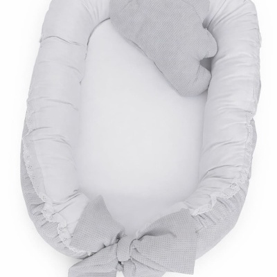 Ninho de bebé cinzento com almofada nuvem e laço grande