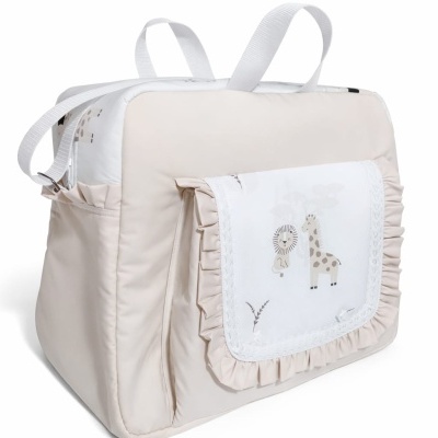 Mochila de bebê bege e branca com bolso estampado de animais e babados