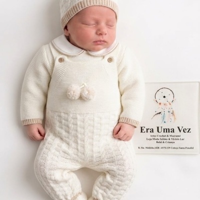 Bebé com fato de malha branco creme e gorro, ao lado cartaz com texto da loja Era Uma Vez