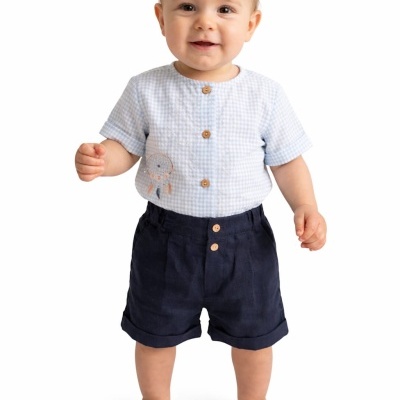 Bebé com camisa azul clara xadrez e calções escuros