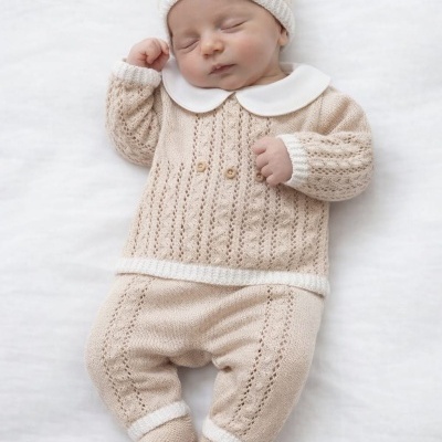 Bebé dormindo vestido com conjunto de malha bege e branco