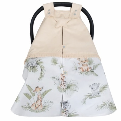 Capa para carrinho de bebé bege com padrão de animais bebés e folhas