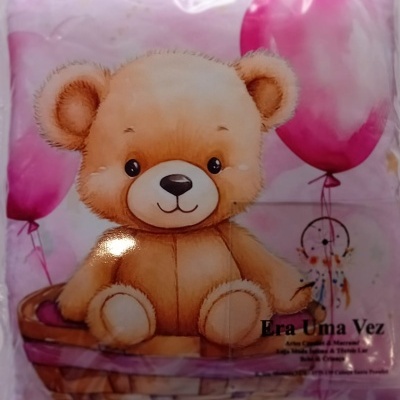 Capa de edredão ou almofada com estampa de urso castanho e balões cor-de-rosa