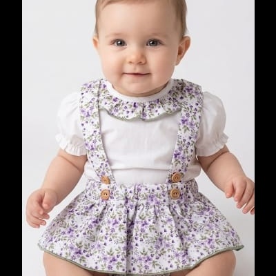 Bebé com body branco e saia estampada lilás e verde, sentado num fundo branco.