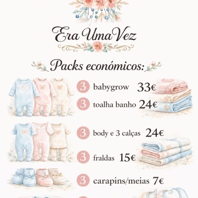Produtos de bebé com pack económico e preços em tons pastel