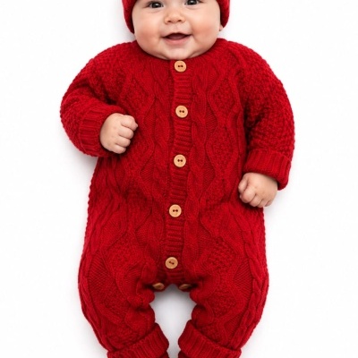 Bebé com macacão vermelho de lã, gorro com pompom e meias