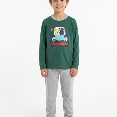 Pijama infantil verde com estampa de carrinha e calças cinza claras