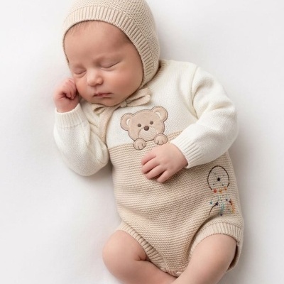 Bebé a dormir com roupa de malha creme com ursinho bordado.