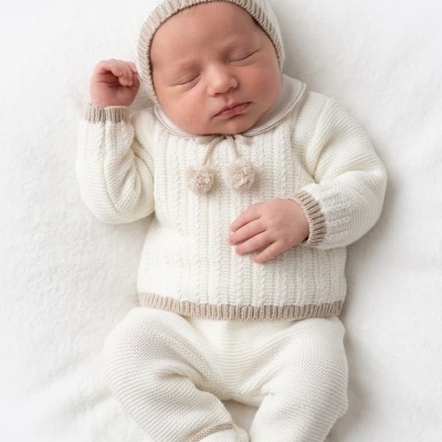 Bebé a dormir com roupa de malha branca e bege