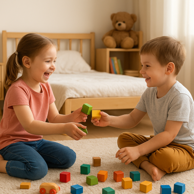 Duas crianças a brincar com blocos coloridos numa sala com cama de madeira e urso de peluche