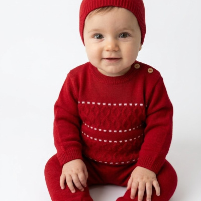 Bebé com fato de malha vermelho e gorro com pompom branco sentado