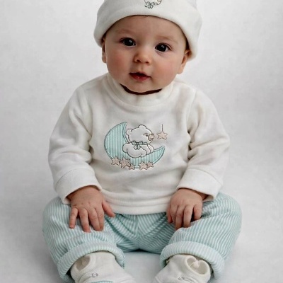 Bebé com roupa branca e azul com bordados de ursinho e estrelas sentado num fundo branco.