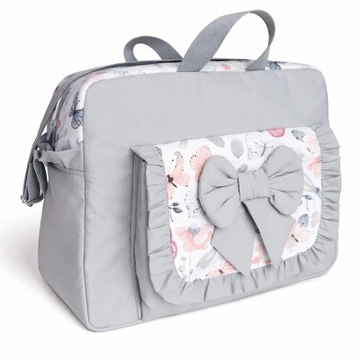 Mala cinzenta com bolso decorado com padrão floral e laço grande