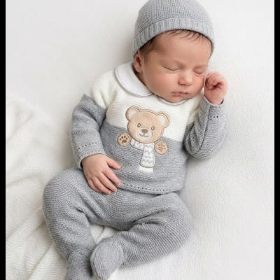 Bebé adormecido com conjunto de malha cinzenta e branca com urso bordado e gorro cinzento