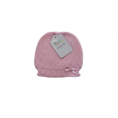 Gorro de malha rosa para bebé com laço e etiqueta CUBO mágico