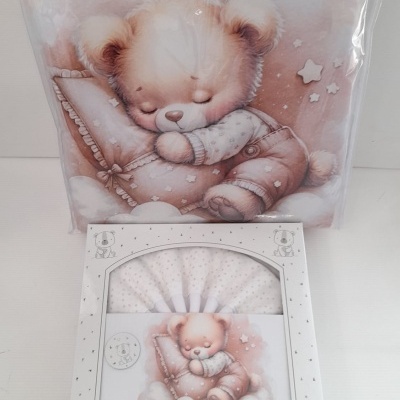 Conjunto de roupa de bebé com ursinho a dormir estampado em rosa e branco