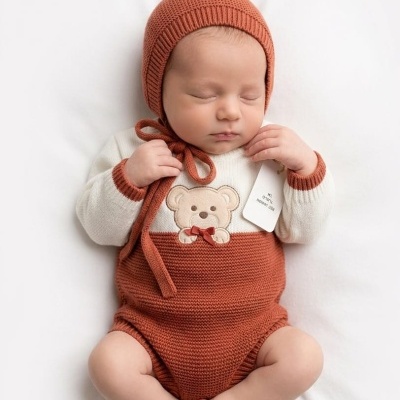 Bebé a dormir com roupa de malha branca e castanha com touca castanha e bordado de urso.
