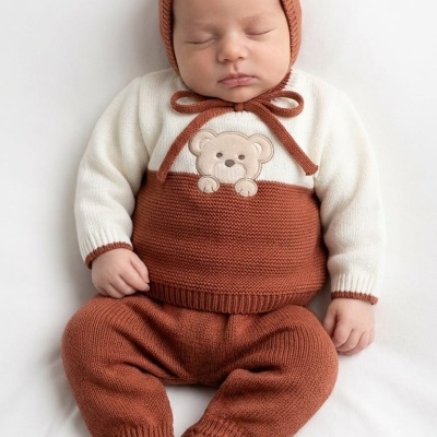 Bebé com conjunto de malha castanho e branco e gorro sentado em fundo branco.