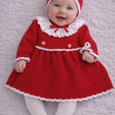 Bebé sorridente vestindo vestido vermelho com detalhes brancos e touca vermelha.