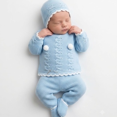 Bebé recém-nascido vestido com roupa de malha azul claro e gorro de malha