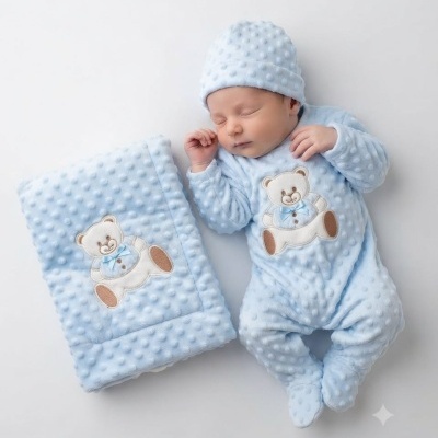 bebé vestido com pijama azul claro com ursinho bordado deitado ao lado de manta azul com o mesmo ursinho