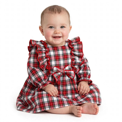 Bebé sorridente a vestir vestido xadrez vermelho com folhos e laço sentado em fundo branco
