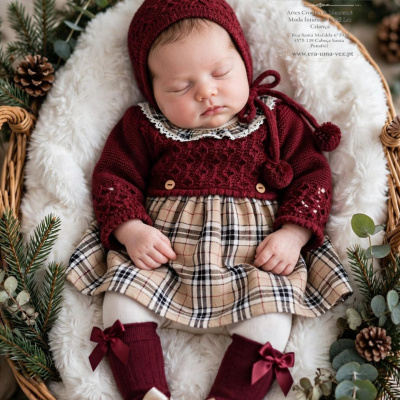 Bebé dormindo num cesto com roupa de lã bordô e vestido xadrez