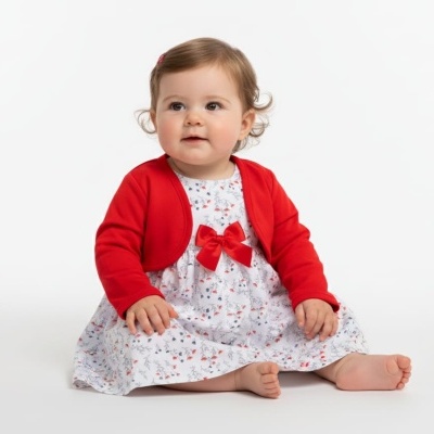 Bebé com vestido branco floral e casaco vermelho sentada no chão