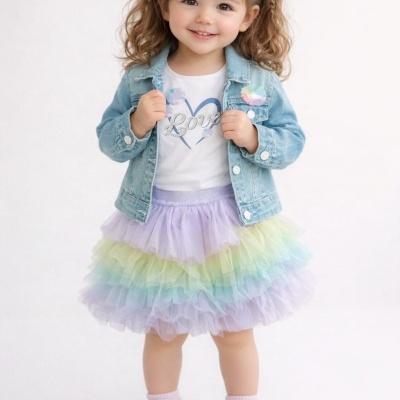 Criança com roupa colorida casual e casaco de ganga