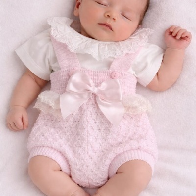 Bebé a dormir com roupa branca e rosa sobre superfície branca macia