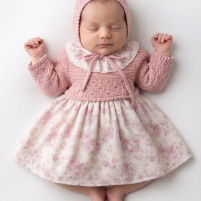 Bebé recém-nascido com roupa cor-de-rosa e branca floral deitada sobre fundo branco.