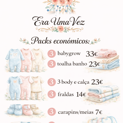 Promoção pack bebé com roupinha, toalhas, fraldas, carapins e babetes, preço em euros.